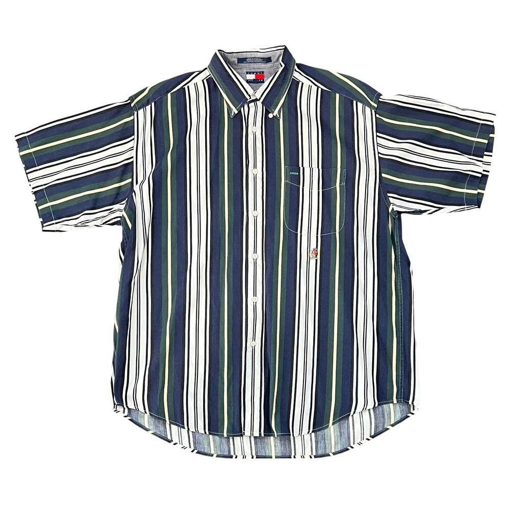 Tommy Hilfiger Mens Striped Shirt Sz L Button Up Short Sleeve Vintage Y2K Collar